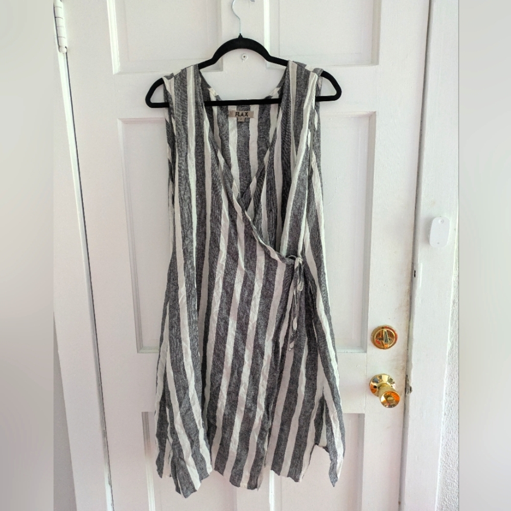Flax Asymmetrical Dress in Gray and White Stripes